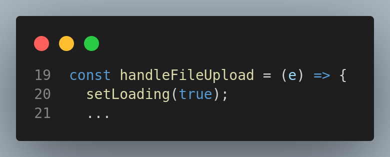 code displaying a loading state being set to true at the beginning of a function