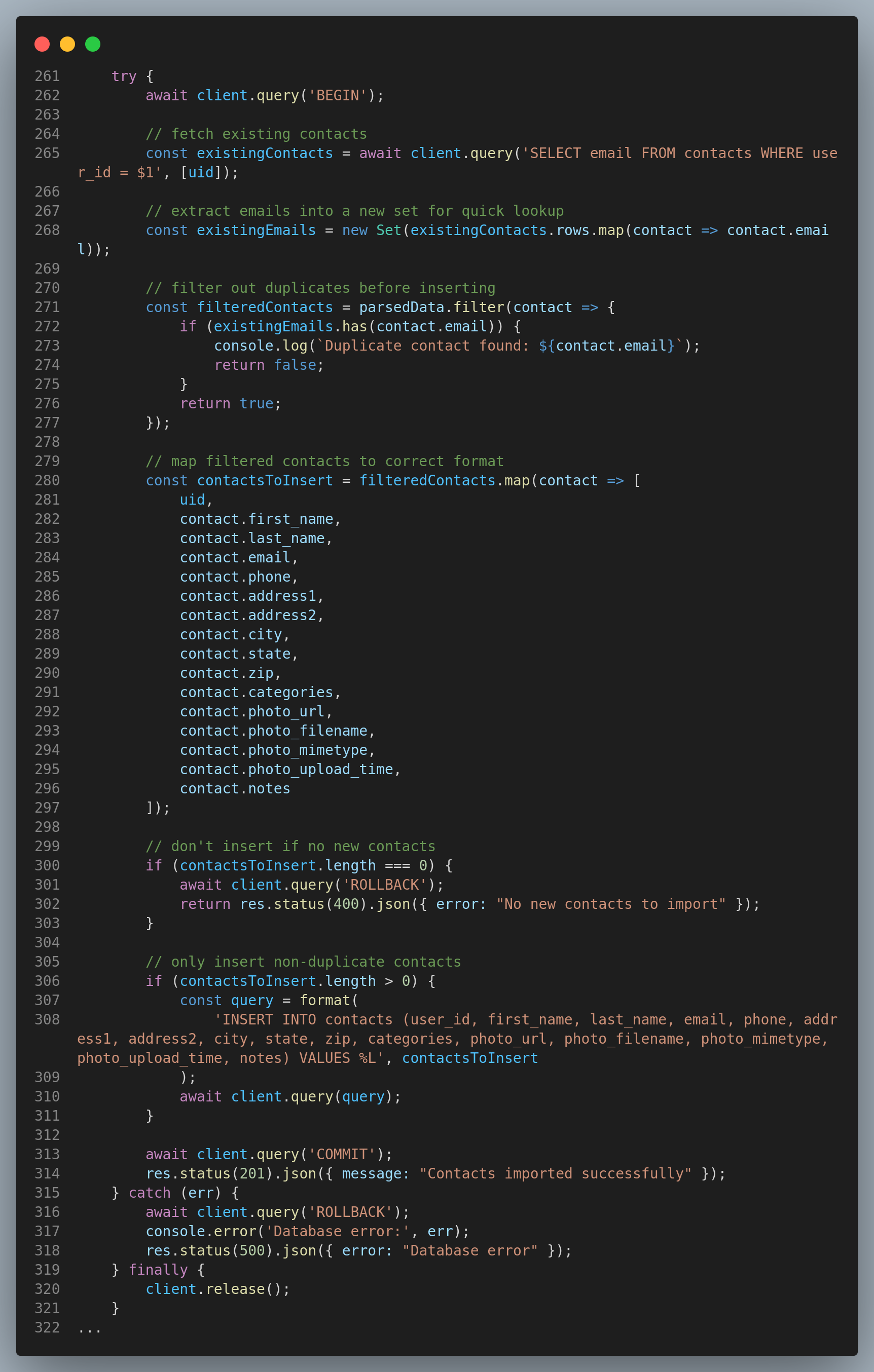 processing and conditionally inserting contacts data into a PostgresQL database table