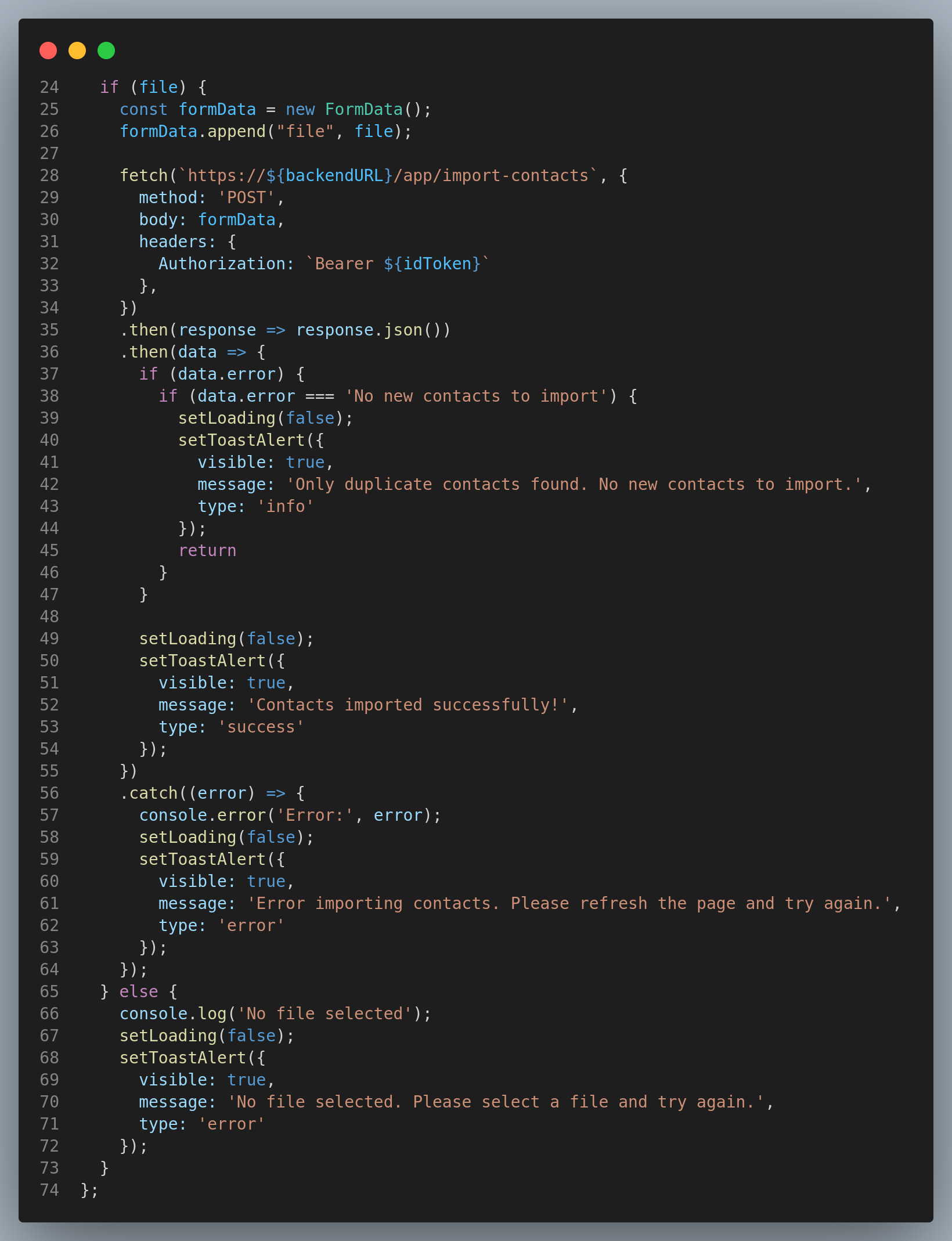 code displaying the sending of a file and handling of the response from an api endpoint