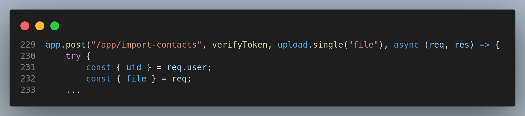 code displaying the extraction of a user id and file properties from the request through the use of destructuring