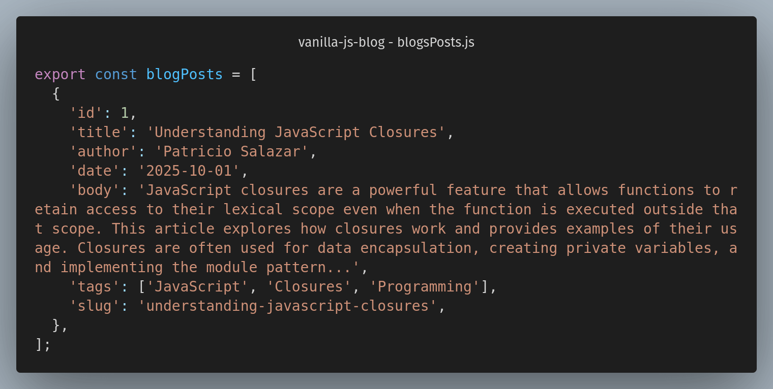 screenshot of code in blogPosts.js