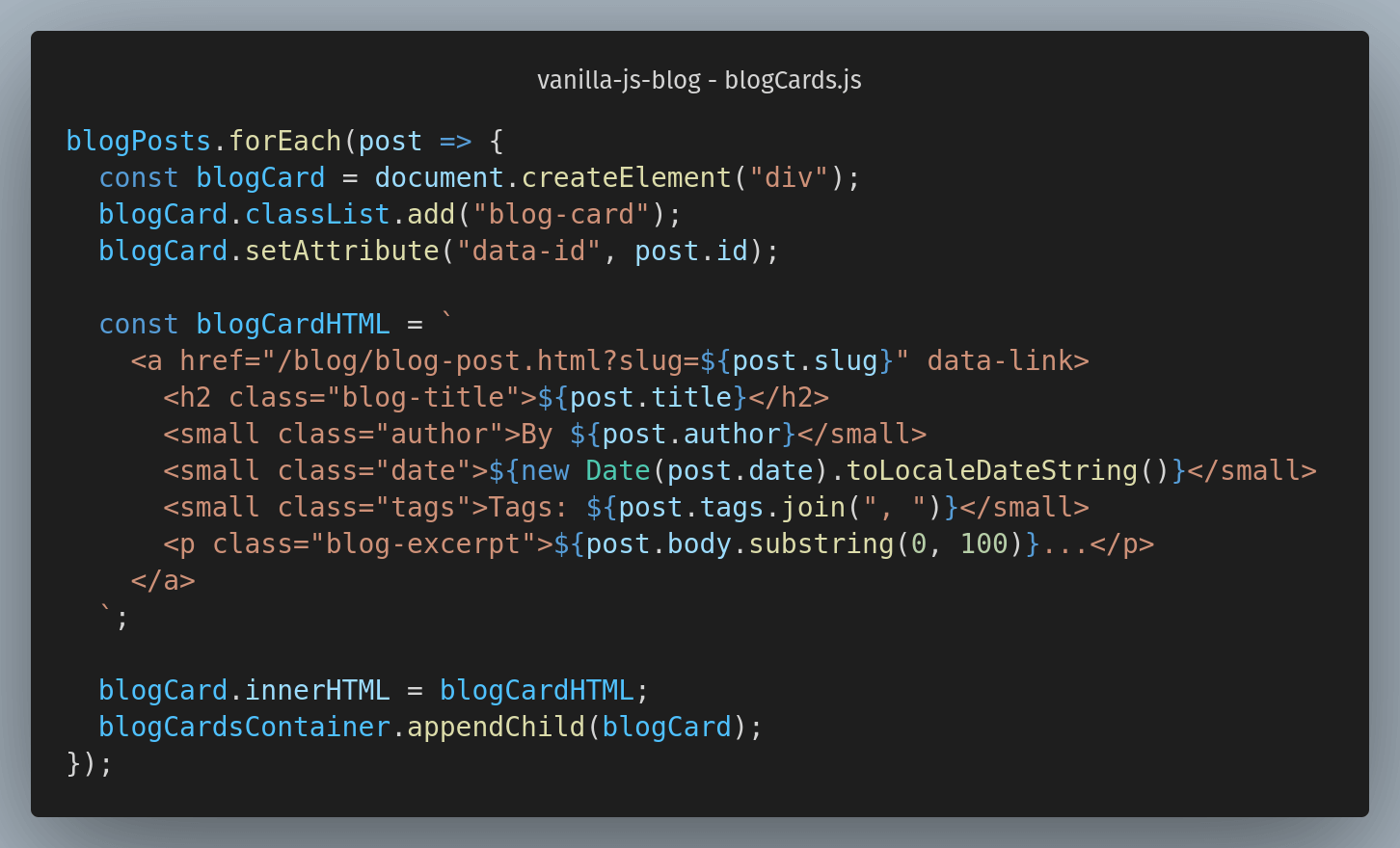 screenshot of code in blogCards.js