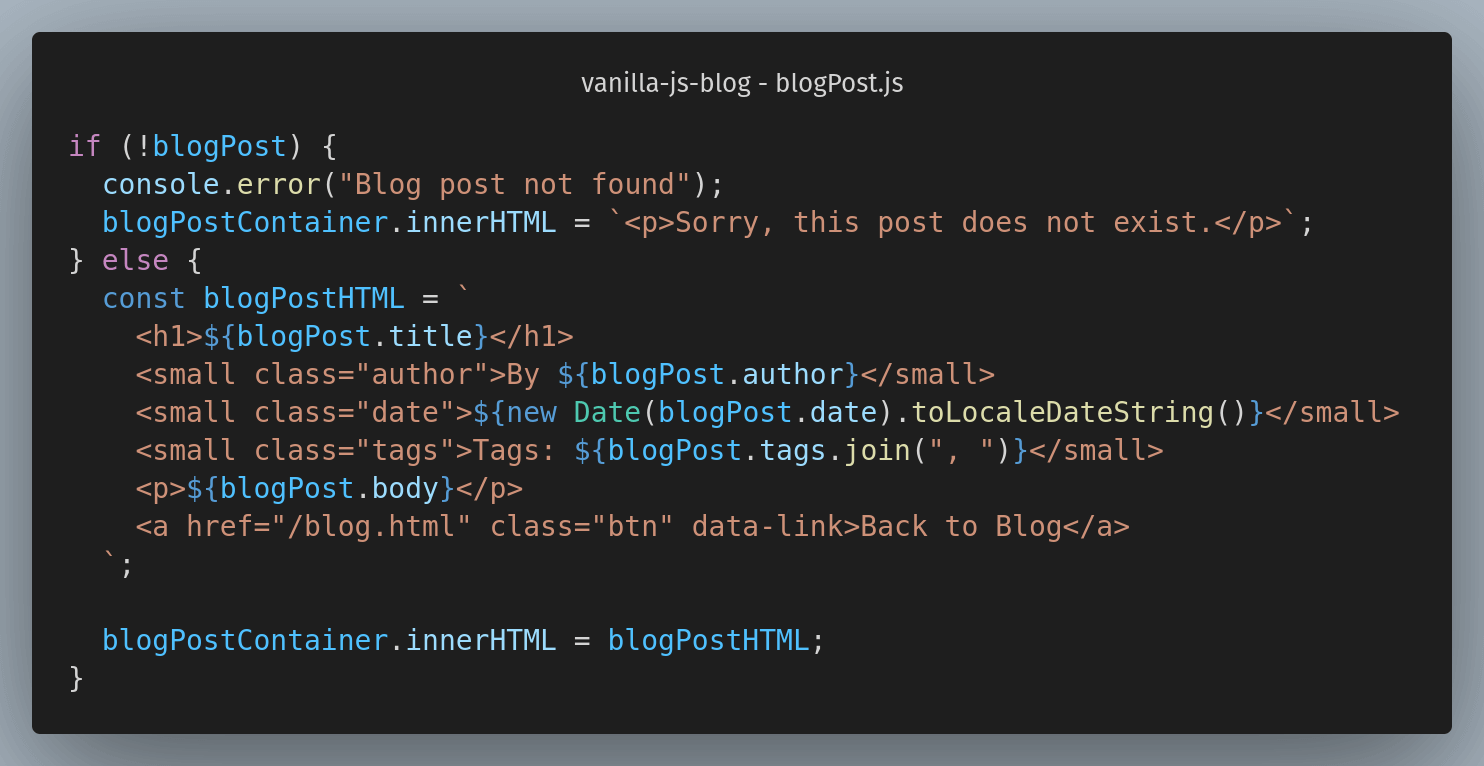 screenshot of code in blogPost.js